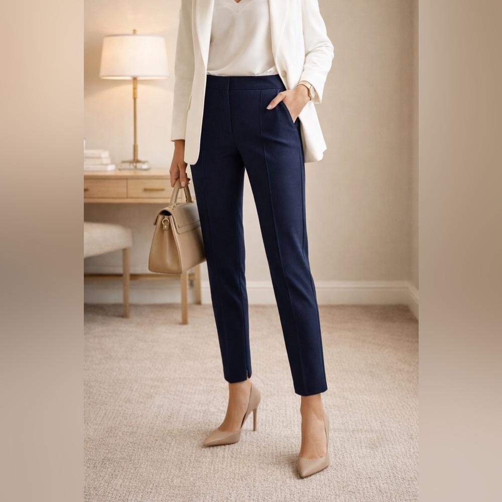 Trina Turk Navy Blue Ankle Trousers Size 0 Cotton Stretch Seam Front Slim Office